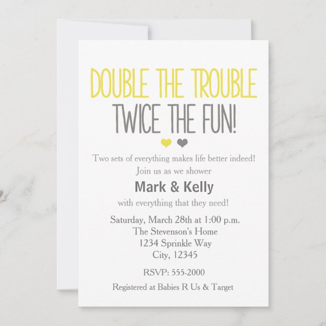 Double the trouble TWINS Baby Shower Invitation (Front)