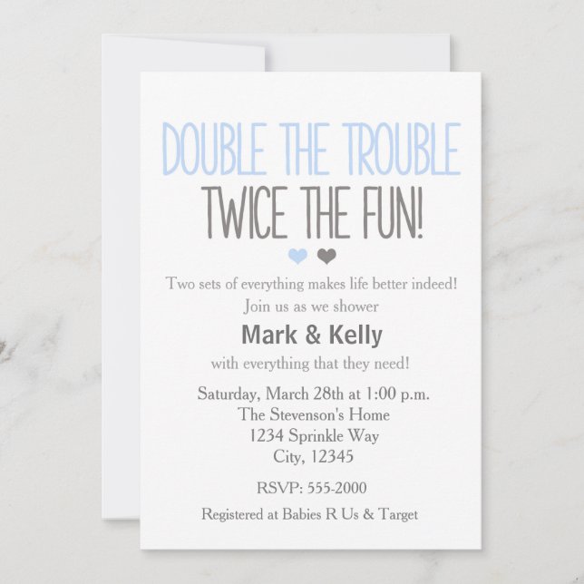 Double the trouble TWINS Baby Shower Invitation (Front)