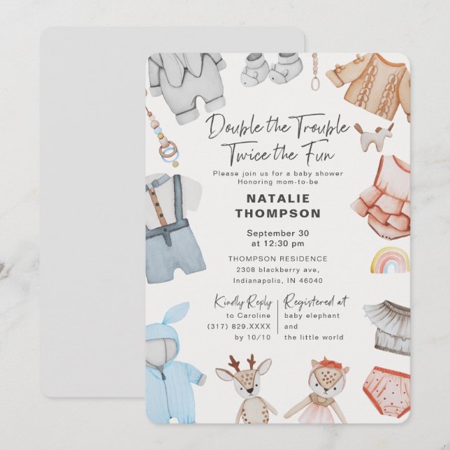 Double the Trouble Twins Boy Girl Baby Shower Invitation (Front/Back)