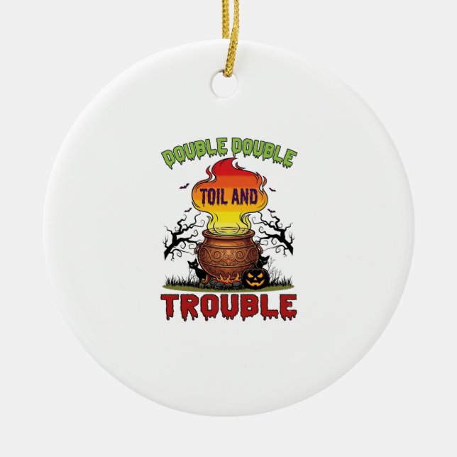 Double Toil Trouble Cauldron Halloween Black Cat P Ceramic Tree Decoration (Front)