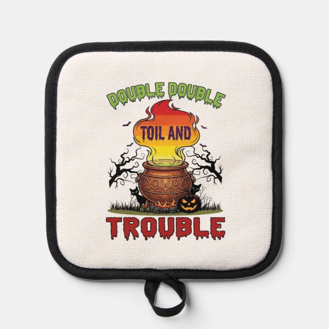 Double Toil Trouble Cauldron Halloween Black Cat P Pot Holder (Front)