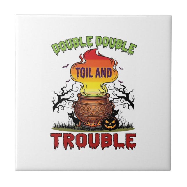 Double Toil Trouble Cauldron Halloween Black Cat P Tile (Front)
