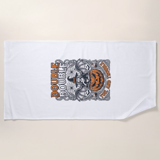 Double Toil Trouble Witch Pumpkin Halloween Cobweb Beach Towel (Front)