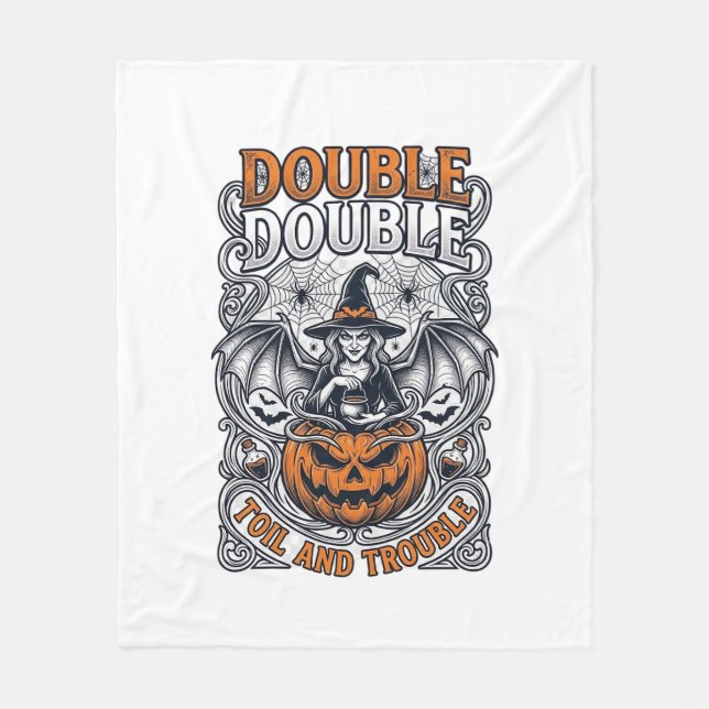 Double Toil Trouble Witch Pumpkin Halloween Cobweb Fleece Blanket (Front)