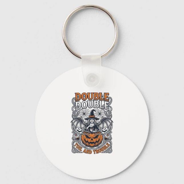 Double Toil Trouble Witch Pumpkin Halloween Cobweb Key Ring (Front)