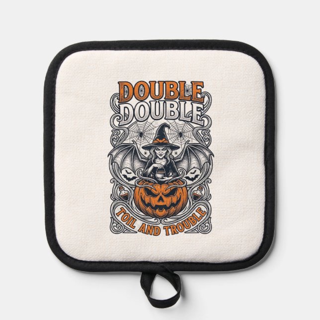 Double Toil Trouble Witch Pumpkin Halloween Cobweb Pot Holder (Front)