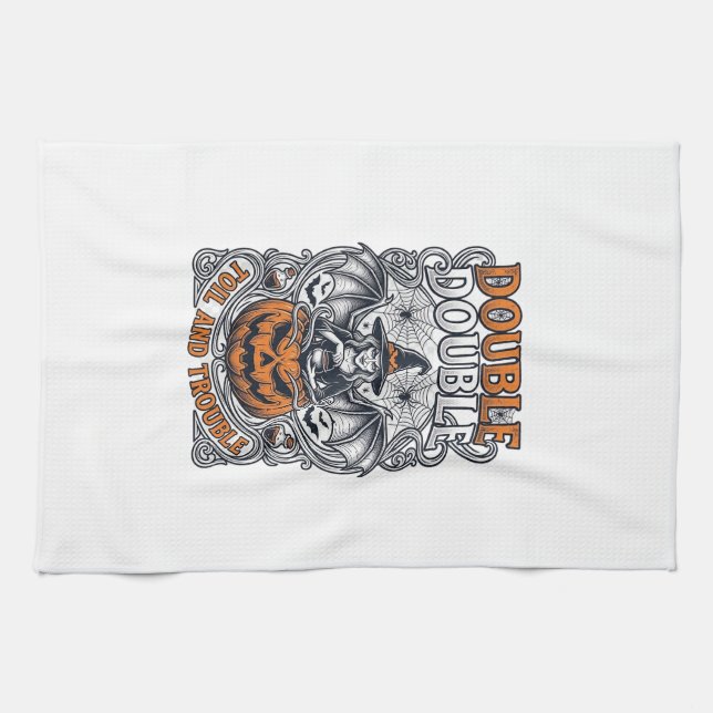 Double Toil Trouble Witch Pumpkin Halloween Cobweb Tea Towel (Horizontal)