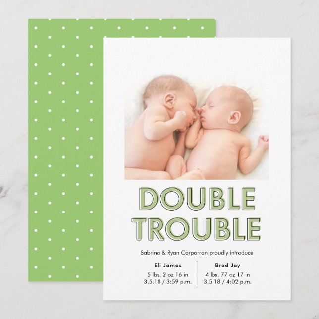 Double Trouble Green Twins Baby Announcement (Front/Back)