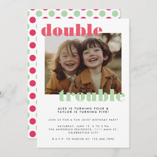 Double Trouble Joint Kids Photo Birthday Party Invitation (Front/Back)