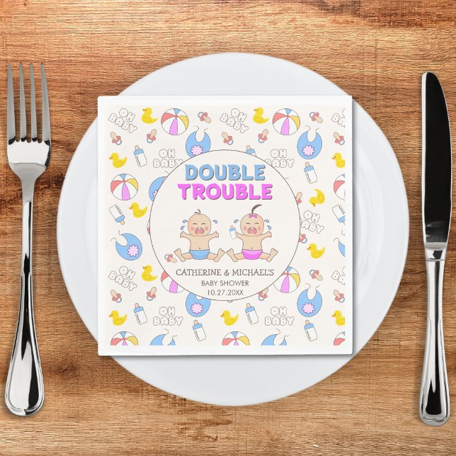 Double Trouble Twin Boy & Girl Baby Shower Napkin (Creator Uploaded)