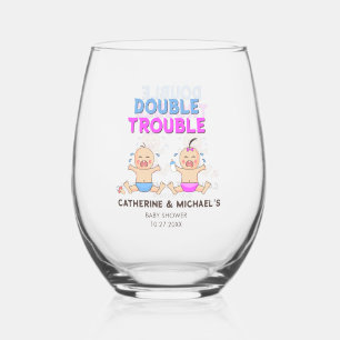 Double Trouble Twin Boy & Girl Baby Shower Stemless Wine Glass