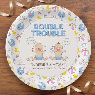 Double Trouble Twin Boys Baby Shower Paper Plate