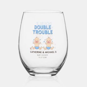 Double Trouble Twin Boys Baby Shower Stemless Wine Glass