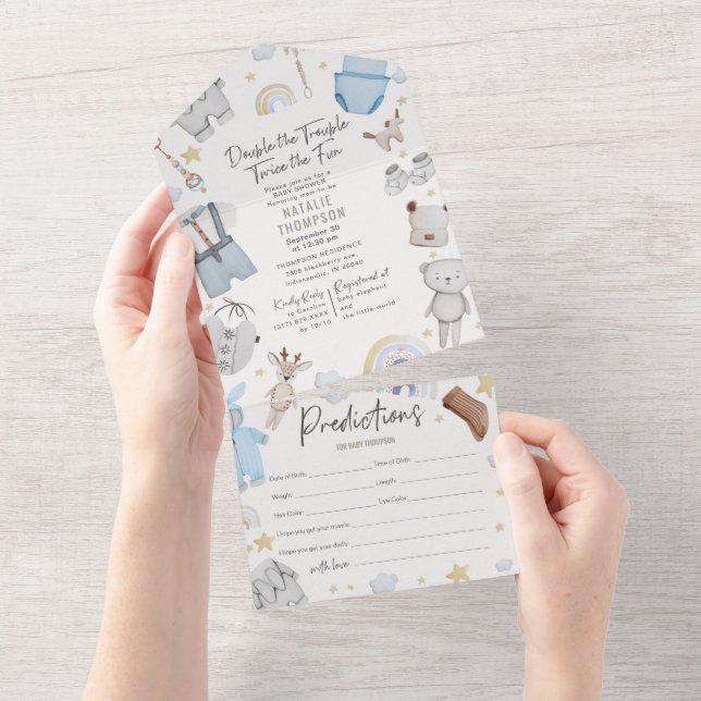 Double Trouble Twin Boys & Predictions Baby Shower All In One Invitation (Tearaway)