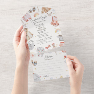 Double Trouble Twin Girls & Advice Baby Shower All In One Invitation