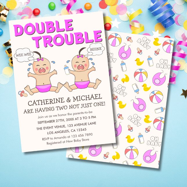 Double Trouble Twin Girls Baby Shower Invitation (Creator Uploaded)