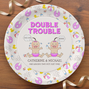 Double Trouble Twin Girls Baby Shower Paper Plate
