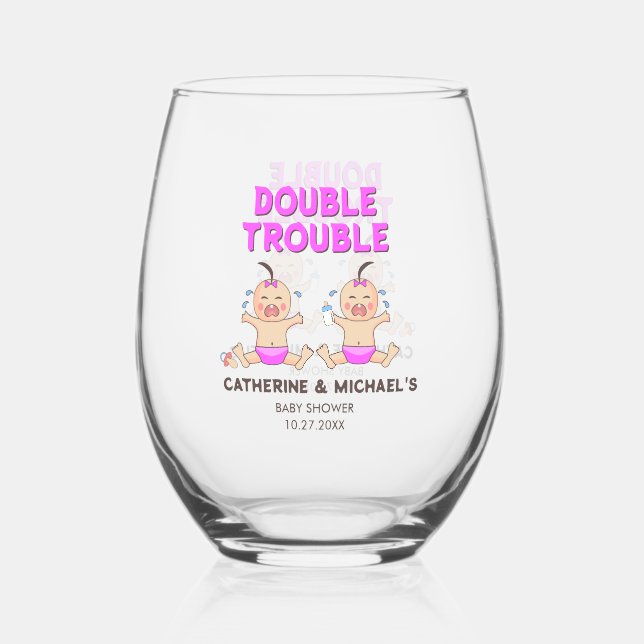 Double Trouble Twin Girls Baby Shower Stemless Wine Glass (Back)