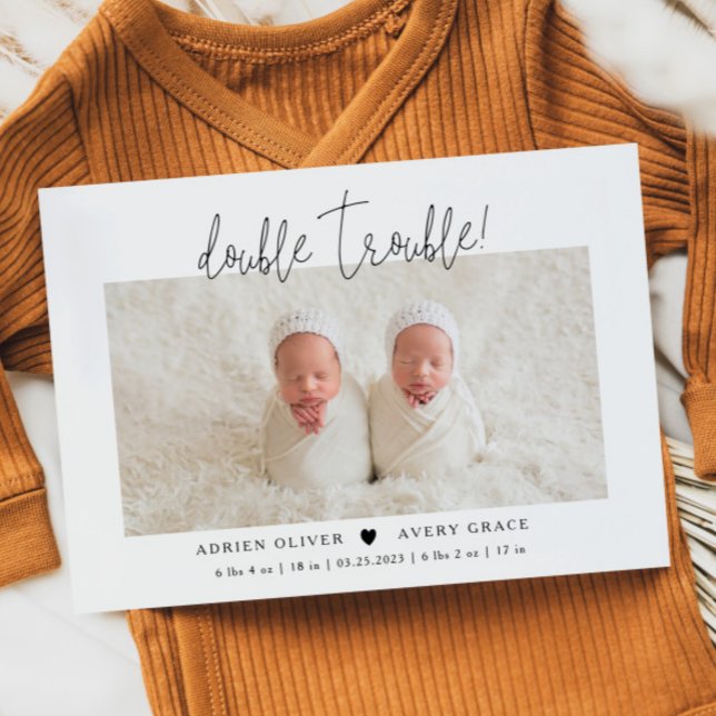 Double Trouble Twins Photo Birth  Announcement (Creator Uploaded)