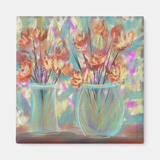Double Vase Teal Bouquet Original Art Magnet