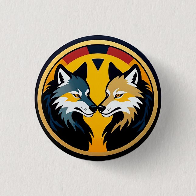 Double Wolf Emblem Logo With Golden Circle 3 Cm Round Badge (Front)
