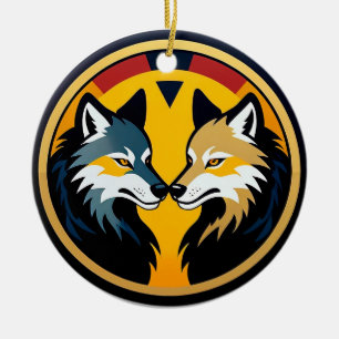 Double Wolf Emblem Logo With Golden Circle Ceramic Tree Decoration