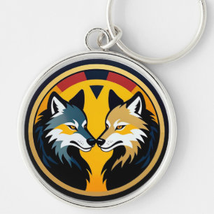 Double Wolf Emblem Logo With Golden Circle Key Ring