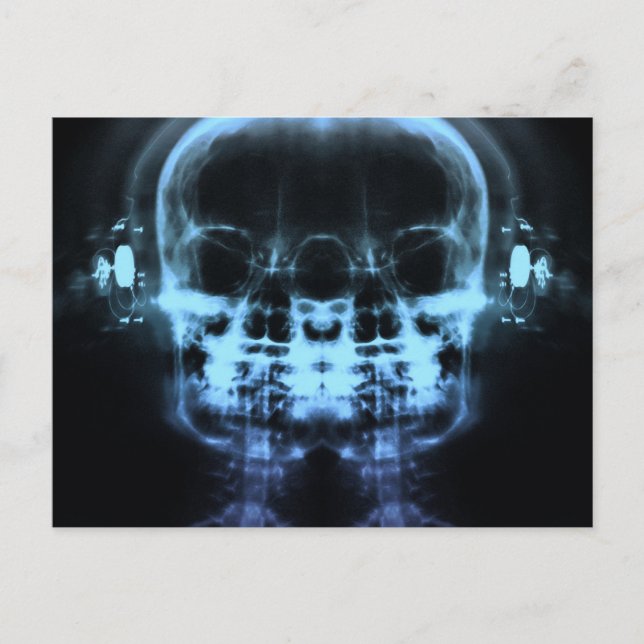 Double X-Ray Skulls with Headphones - Blue Postcard (Front)