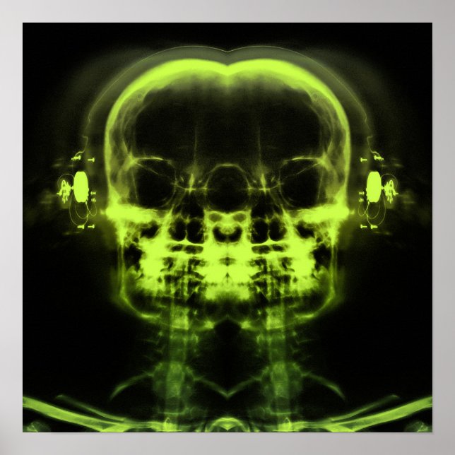Double X-Ray Skulls with Headphones - Lime Green Poster (Front)