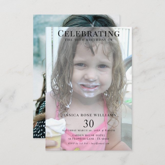 Double Young/Old Photo Feminine 30th Birthday Invitation (Front/Back)