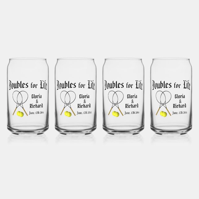 Doubles for  Life Tennis Wedding Can Glass (Front)