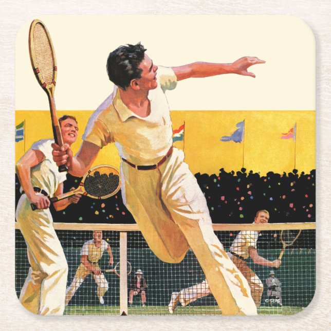 Doubles Tennis Match Square Paper Coaster (Front)