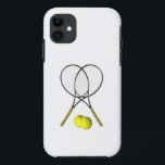 Doubles Tennis Sport Theme iPhone 11 Case<br><div class="desc">Crossed tennis rackets with two tennis balls beneath them . The ultimate tennis sport design.</div>