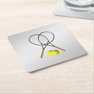 Doubles Tennis Sport Theme Silver Square Paper Coaster