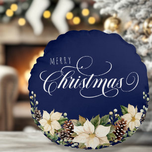 Doublesided White Christmas Poinsettia   Round Cushion