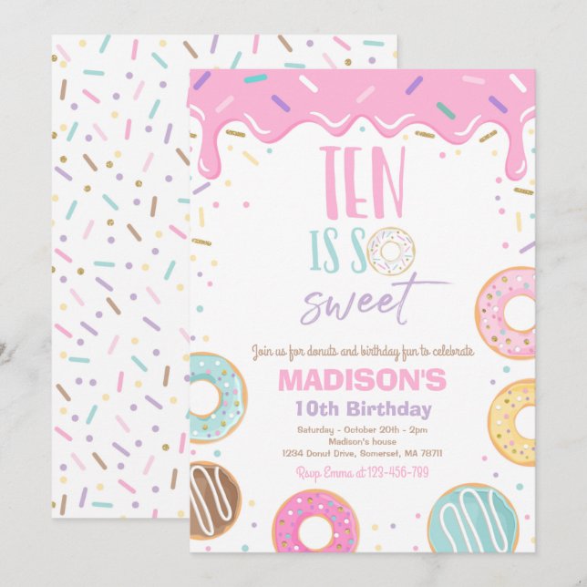 Doughnut 10th Birthday Party Ten Is So Sweet Invitation (Front/Back)