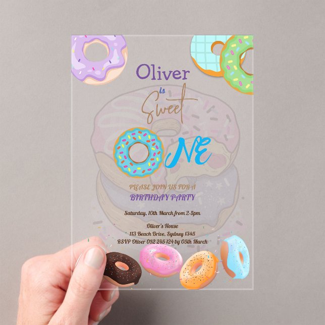 Doughnut 1st birthday baby boy  acrylic invitations (Insitu (Handheld))