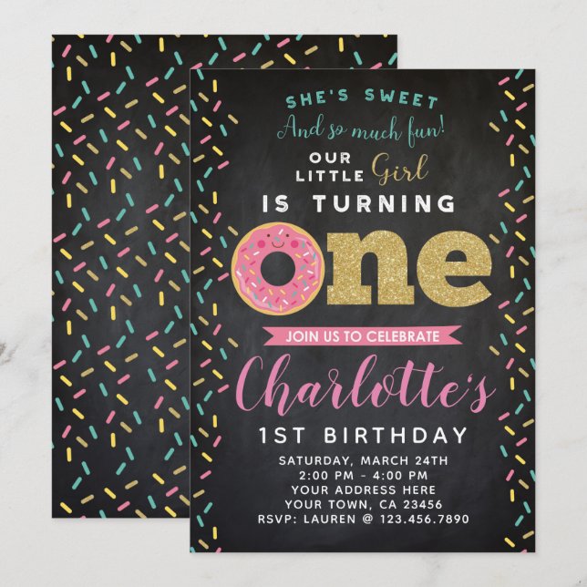Doughnut 1st Birthday Invitation Chalkboard (Front/Back)