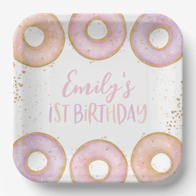 Doughnut 1st Birthday Personalised Party Paper Pla Paper Plate (Front)