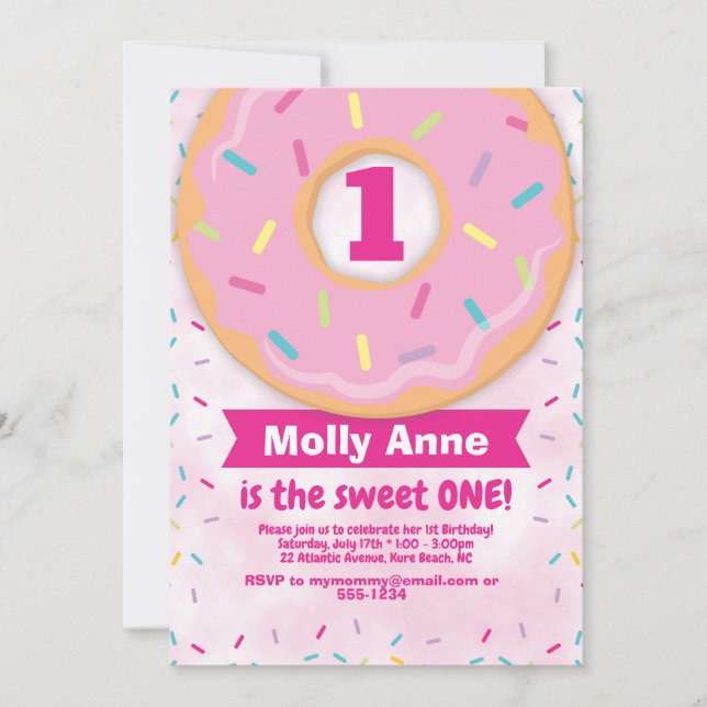 Doughnut 1st First Birthday Girl Invitation Sprink (Front)
