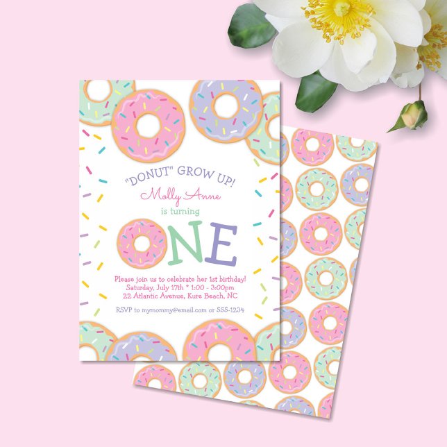 Doughnut 1st First Birthday Invitation pink sprink (Creator Uploaded)