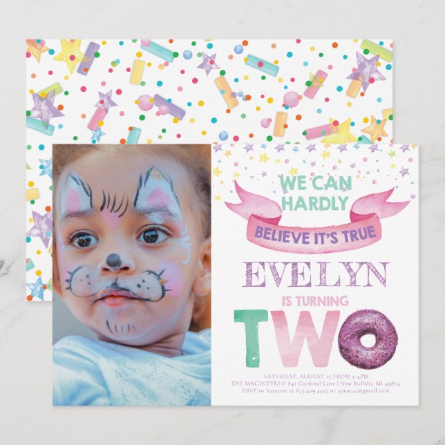 Doughnut 2nd Birthday Photo Invitation (Front/Back)