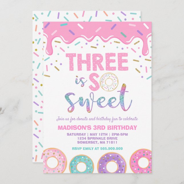Doughnut 3rd Birthday Invite Doughnut Three Is Swe (Front/Back)