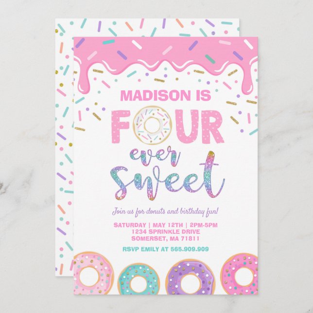 Doughnut 4th Birthday Invite Doughnut Four Ever Sw (Front/Back)