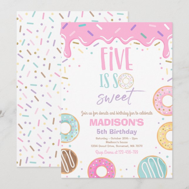 Doughnut 5th Birthday Party Five Is So Sweet Invitation (Front/Back)
