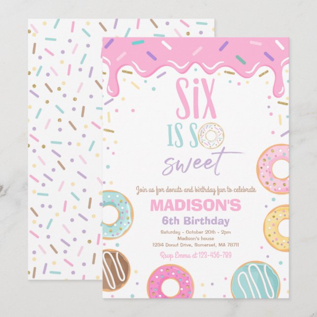 Doughnut 6th Birthday Party Six Is So Sweet Invitation (Front/Back)