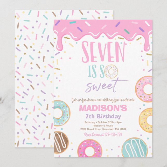 Doughnut 7th Birthday Party Seven Is So Sweet Invitation (Front/Back)