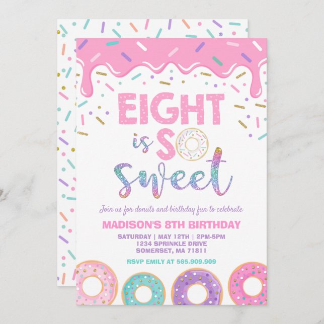 Doughnut 8th Birthday Invite Doughnut Eight Is Swe (Front/Back)