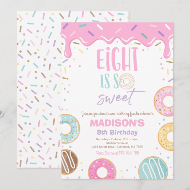 Doughnut 8th Birthday Party Eight Is So Sweet Invitation (Front/Back)