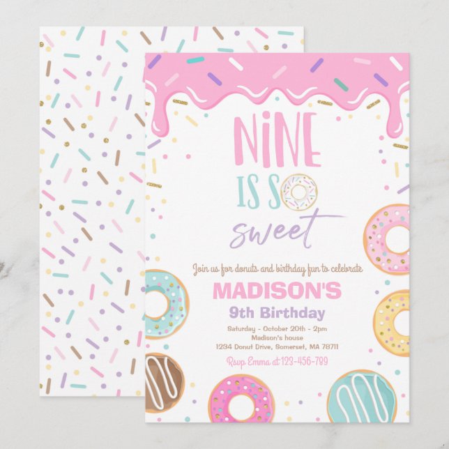 Doughnut 9th Birthday Party Nine Is So Sweet Invitation (Front/Back)